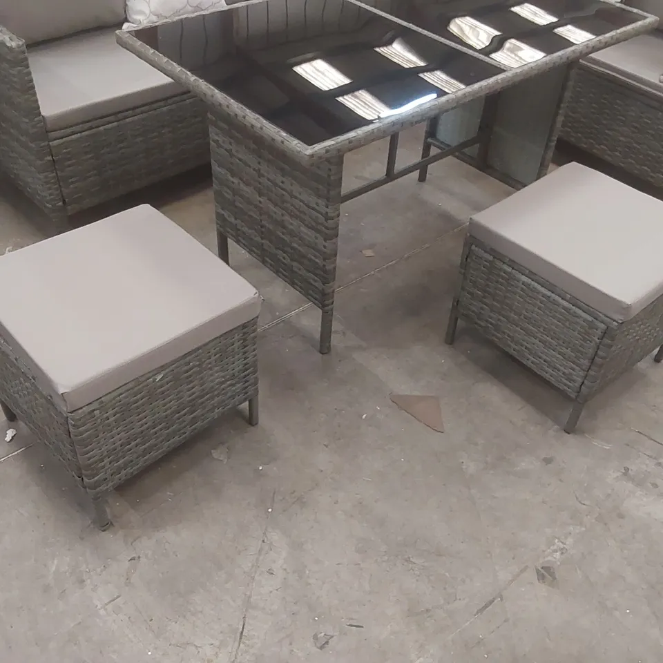 DESIGNER RATTAN CORNER SOFA WITH TABLE, STOOLS AND CUSHIONS