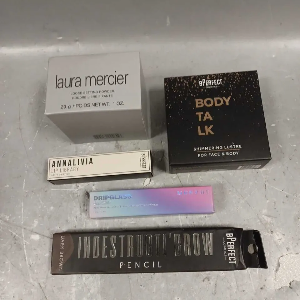 LOT OF 5 ASSORTED COSMETIC ITEMS TO INCLUDE - LAURA MERCIER LOOSE SETTING POWDER - MORPHE DRIPGLASS LIP GLOSS - BPERFECT BODY TALK SHIMMERING LUSTRE - ETC