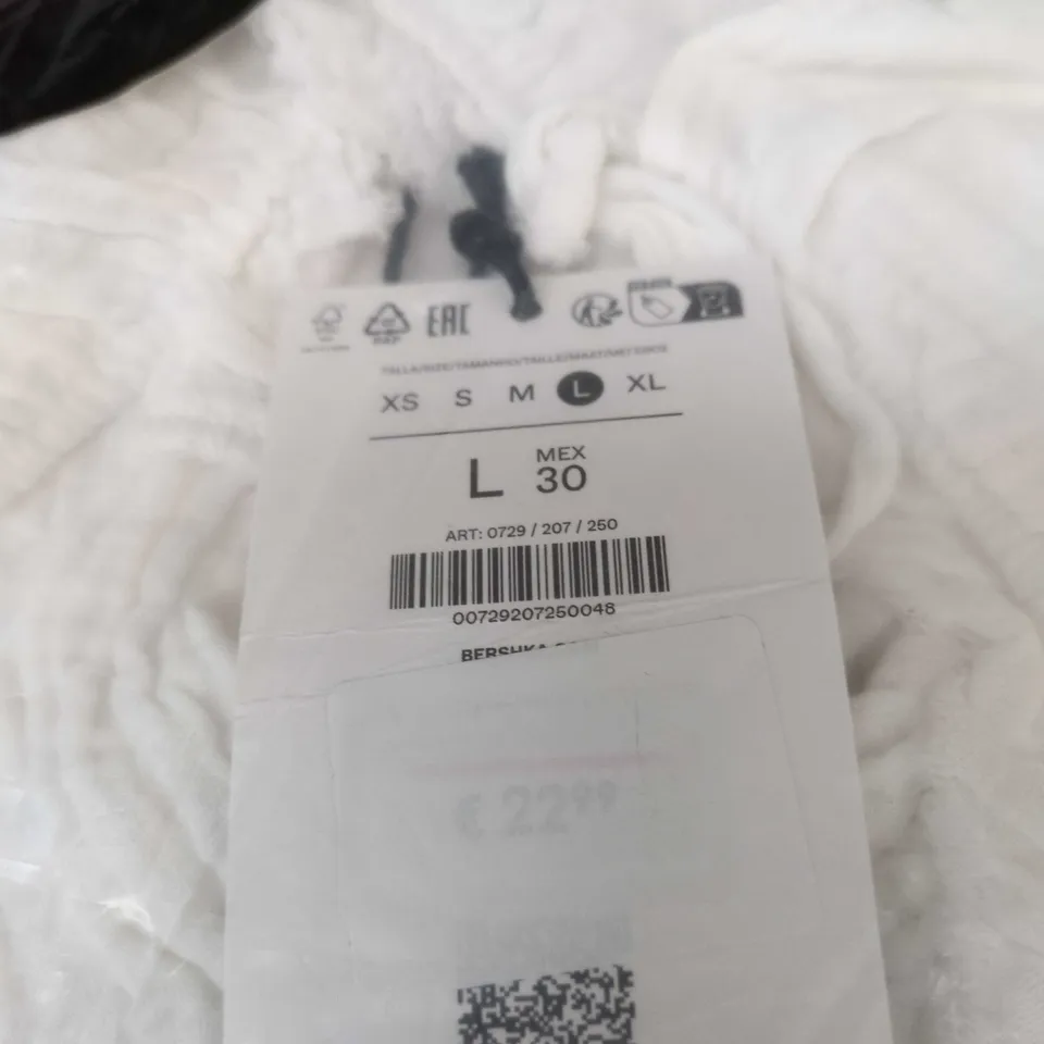 ASOS BERSHKA SHIRRED MILKMAID MINI DRESS IN ECRU – SIZE L. BAGGED