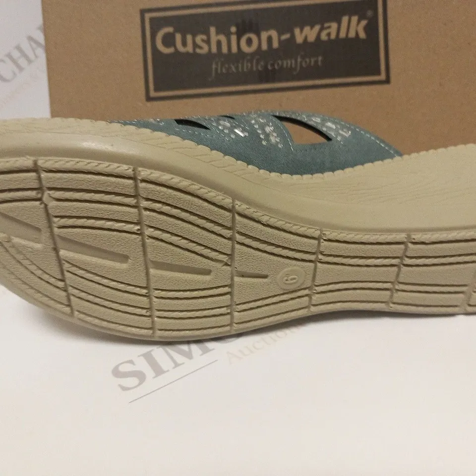 BOXED PAIR OF CUSHION WALK DIAMANTE MULES IN BLUE - SIZE 5