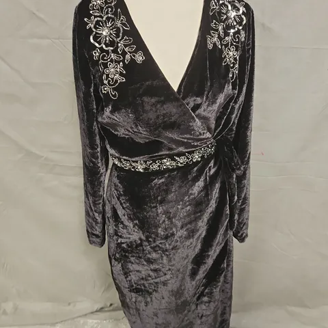 WALLIS OCCASION VELVET EMBELLISHED WRAP MIDI DRESS IN BLACK SIZE 10
