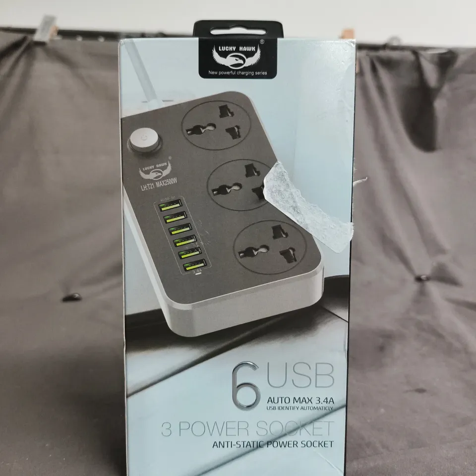 LUCKY HAWK 6 USB AUTO MAX 3.4A POWER STRIP WITH 3 UK SOCKETS – BOXED