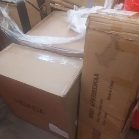 PALLET OF ASSORTED ITEMS INCLUDING PINE SINGLE BED, OFFICE CHAIR, JANITOR CART LAWNMOWER