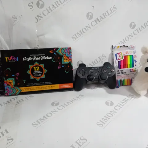 BOX OF APPROX 25 ASSORTED TOYS TO INCLUDE - SONY PLAY STATION 3 CONTROLLER - TUTTI ART PRO - 10 FELT TIP PENS ECT