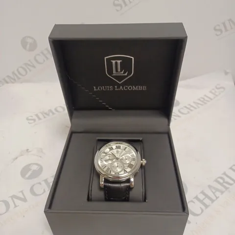 MENS LOUIS LACOMBE CHRONOGRAPH WATCH – MULTI FUNCTION DIAL WITH DATE – ROMAN NUMERAL DIAL – LEATHER STRAP – GIFT BOX