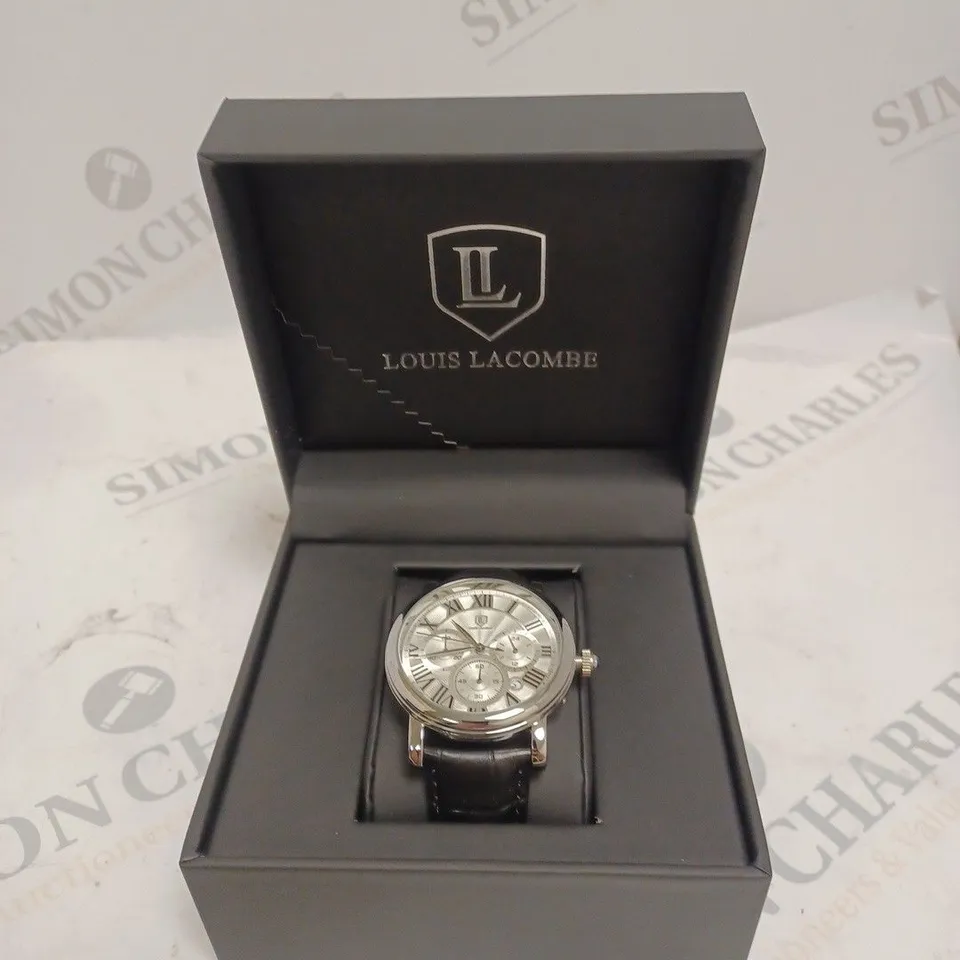 MENS LOUIS LACOMBE CHRONOGRAPH WATCH – MULTI FUNCTION DIAL WITH DATE – ROMAN NUMERAL DIAL – LEATHER STRAP – GIFT BOX