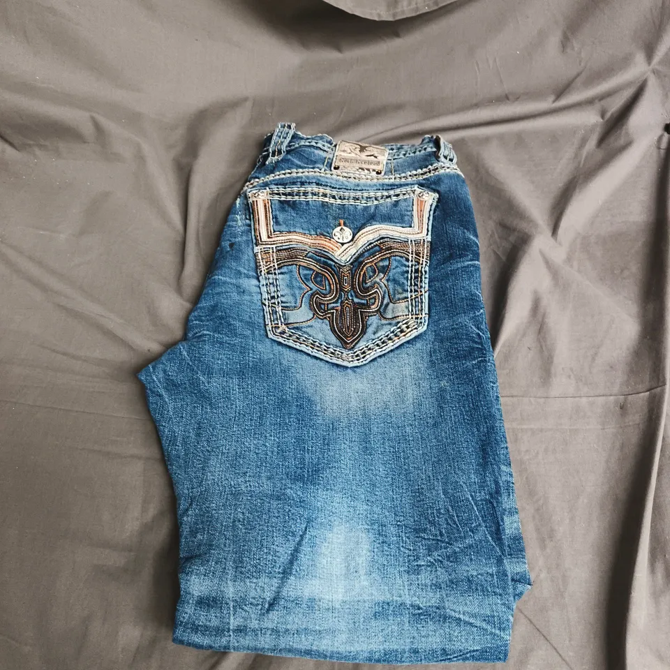 ROCK REVIVAL JEANS – BLUE DENIM, BACK POCKET EMBROIDERY - SIZE 38
