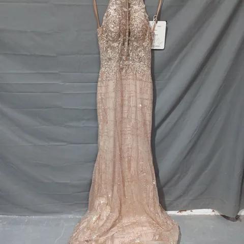 TIFFANYS PROM ASHLEY SEQUIN DETAIL MESH DRESS IN NUDE - SIZE 6
