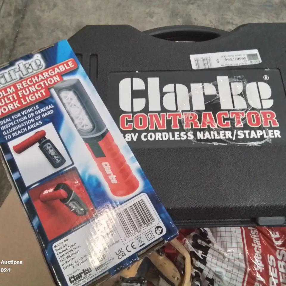 BOX OF MIXED TOOLS TO INCLUDE, 18V CORDLESS NAILER/STAPLER, HEAT GUN, ANGLE GRINDER, WORK LIGHT ETC.