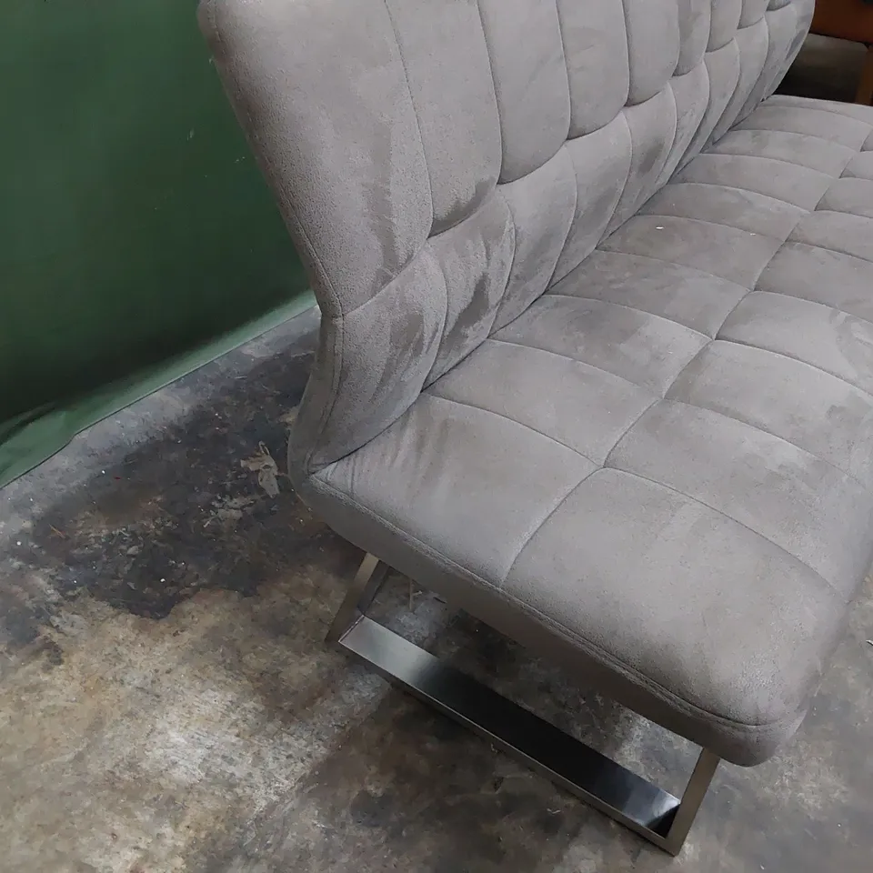 DESIGNER UPHOLSTERED BENCH SEAT GREY FAUX SUEDE ON METAL SUPPORTS 