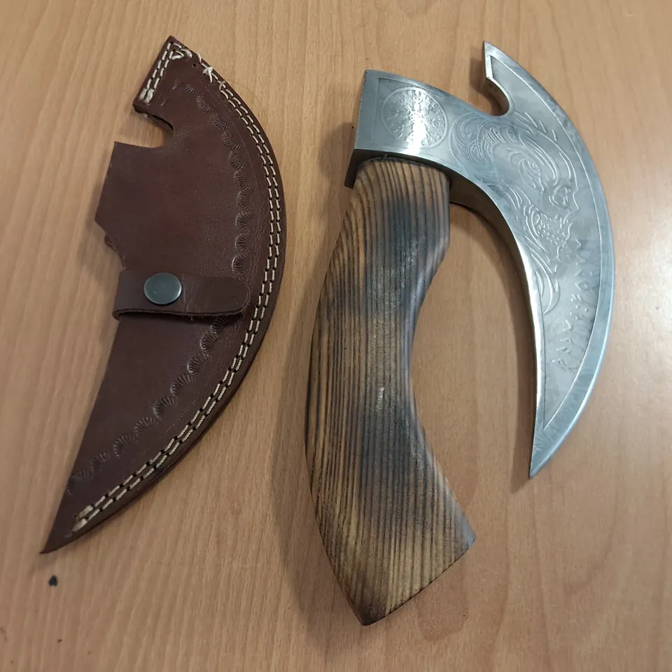 DECORATIVE 8.5" HAND AXE WITH WOODEN HANDLE AND SHEATH 
