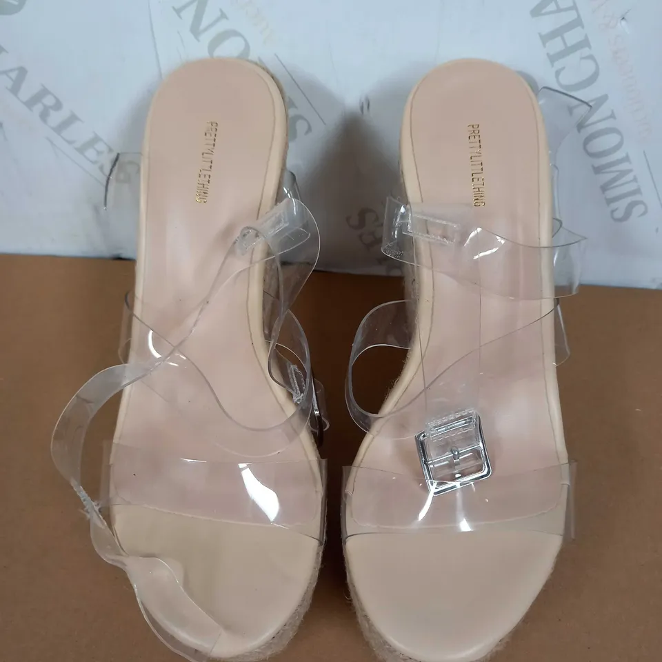 BOXED PAIR OF PRETTY LITTLE THINGS WEDGES (BEIGE, ACRYLIC), SIZE 3 UK
