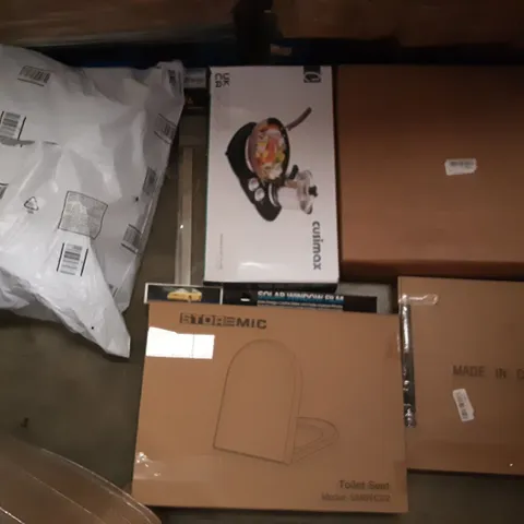 PALLET OF ASSORTED PRODUCTS INCLUDING STOREMIC TOILET SEAT, SOLAR WINDOW FILM, CUSIMAX DOUBLE HOT PLATE, TAIYUHOMES VENETIAN BLINDS, ELECTRONIC BABY SCALE, BUMBOO