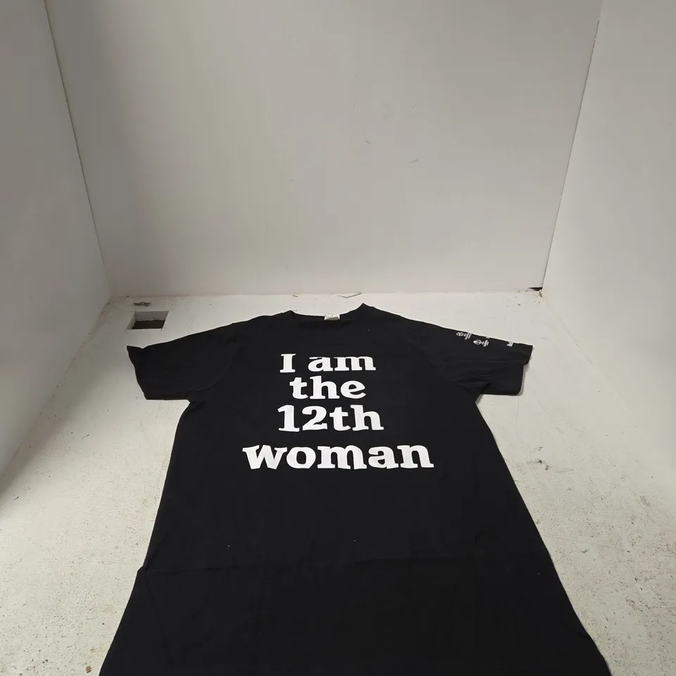 "I AM THE 12TH WOMAN" WOMENS SMALL T SHIRT IN BLACK FOOTBALL UEFA HEINEKEN