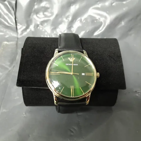 BOXED EMPORIO ARMANI BLACK LEATHER STRAP WATCH IN GREEN/GOLD