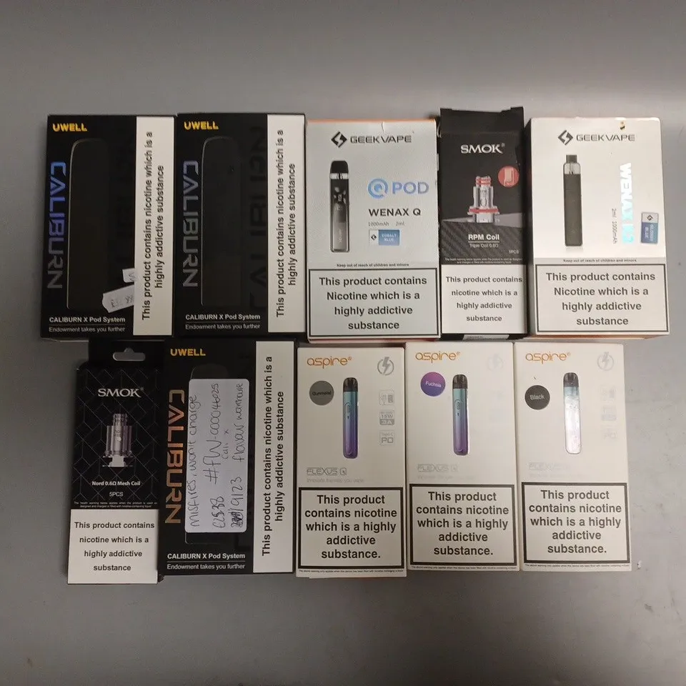 APPROXIMATELY 10 ASSORTED E-CIGARETTE PRODUCTS TO INCLUDE GEEK VAPE, UWELL, ASPIRE ETC 
