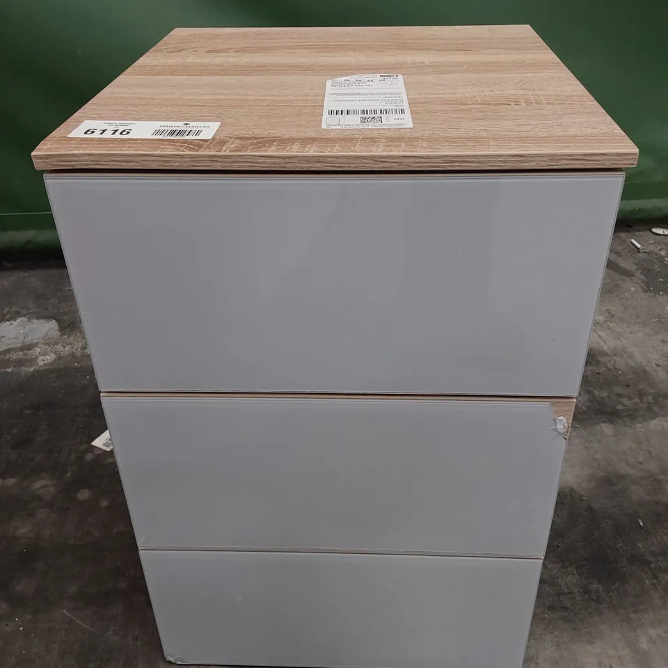 DESIGNER THREE DRAWER BEDSIDE TABLE WOOD EFFECT & GREY GLASS DRAWER FRONTS