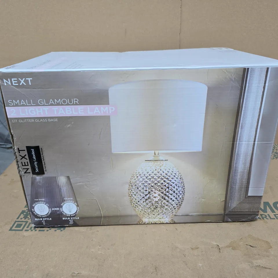 NEXT SMALL GLAMOUR 2 LIGHT TABLE LAMP – GLASS BASE 