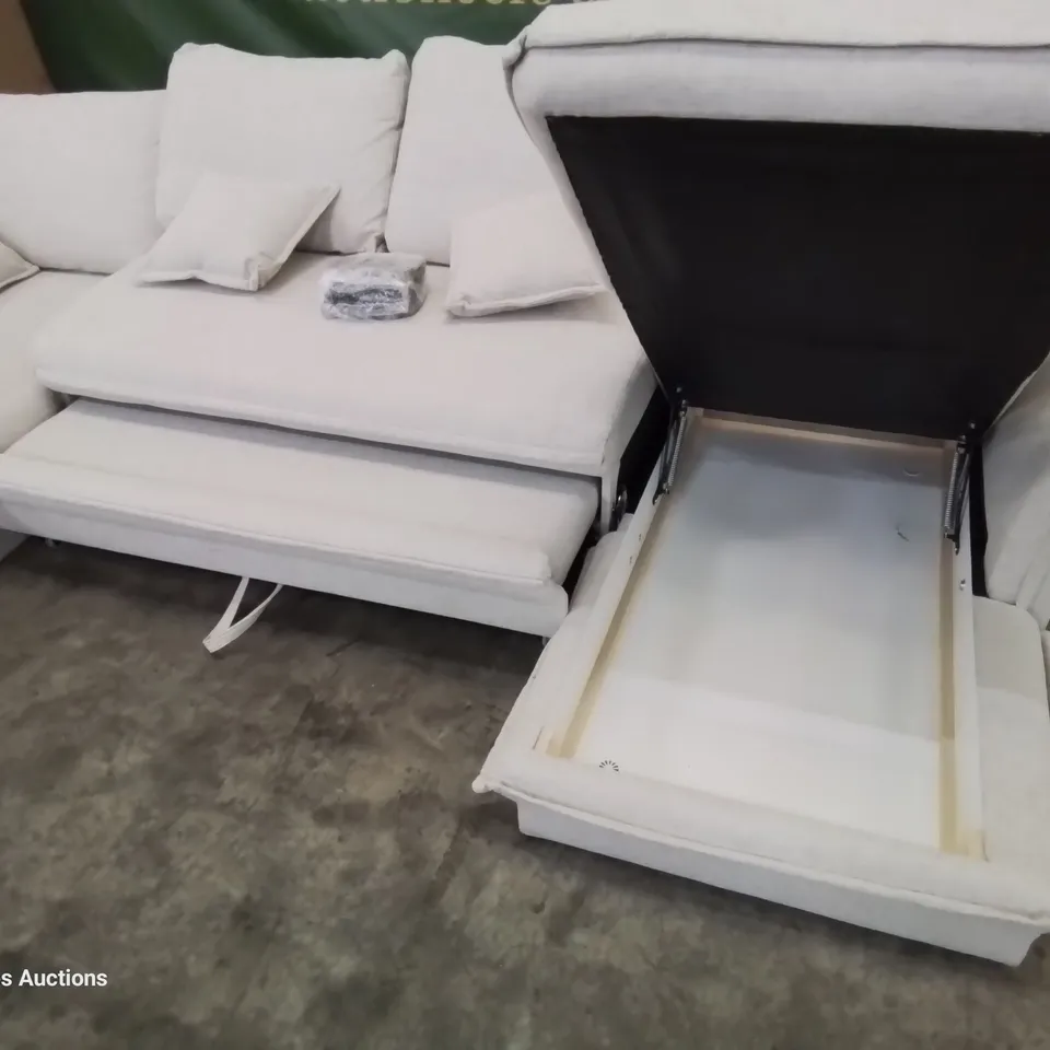 DESIGNER CHARMING CHARLIE U SHAPED CHAISE SOFA WITH PULL OUT BED & OTTOMAN STORAGE NATURAL FABRIC