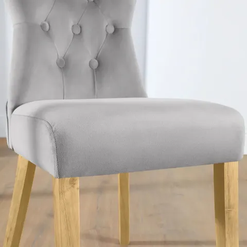 BOXED BEWLEY GREY VELVET BUTTON BACK DINING CHAIR (DARK OAK LEG)