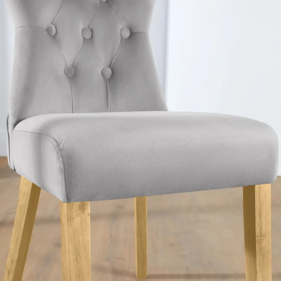 BOXED BEWLEY GREY VELVET BUTTON BACK DINING CHAIR (DARK OAK LEG)