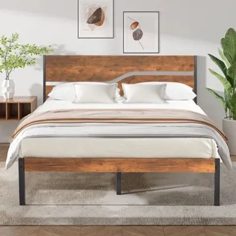 BOXED BED FRAME SINGLE DOUBLE METAL PLATFORM BED FRAME WITH WOOD HEADBOARD AND FOOTBOARD 
