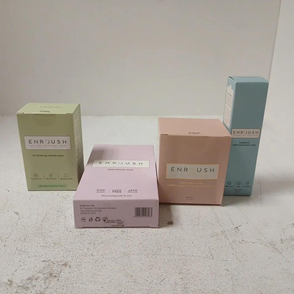 TOTE OF APPROXIMATELY 7 ASSORTED ENROUSH ITEMS TO INCLUDE ULTRA THIN PADS, LUBRICANT ETC
