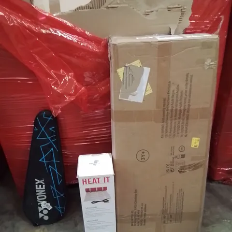 PALLET OF ASSORTED HOUSEHOLD GOODS AND PRODUCTS TO INCLUDE;CLIMBING SET,TENNIS RACKET,UNDERFLOOR HEATING