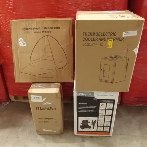 PALLET OF ASSORTED HOUSEHOLD GOODS AND PRODUCTS TO INCLUDE; BLINDS, BEACH TENT, PRESSURE WASHER, COOLER ETC