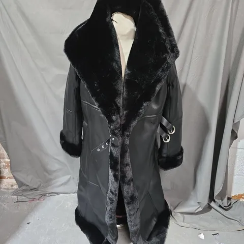 KAREN MILLEN FAUX SHEARLING OVERSIZE COLLAR BUCKLE MIDI COAT IN BLACK - SIZE 10