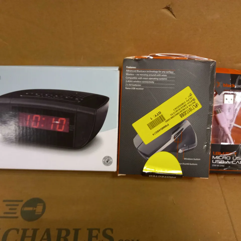 BOX OF APPROXIMATELY 20 ASSORTED ELECTRICAL ITEMS TO INCLUDE ASDA TECH FM ALARM CLOCK, BLACKWEB WIRELESS MOUSE, BLACKWEB MICRO USB TO USB-A CABLE, ETC