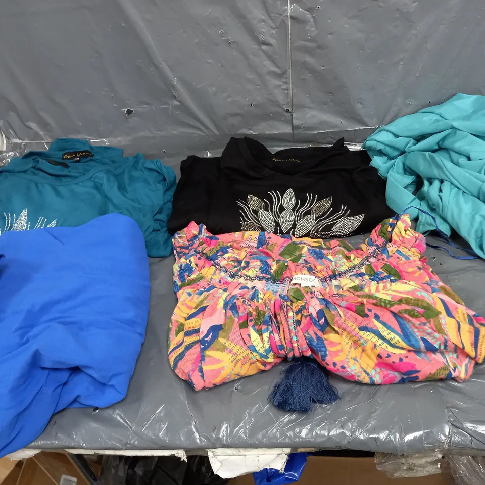 BOX OF APPROXIMATELY 10 ASSORTED PIECES OF CLOTHING IN VARIOUS STYLES, SIZES, AND BRANDS 