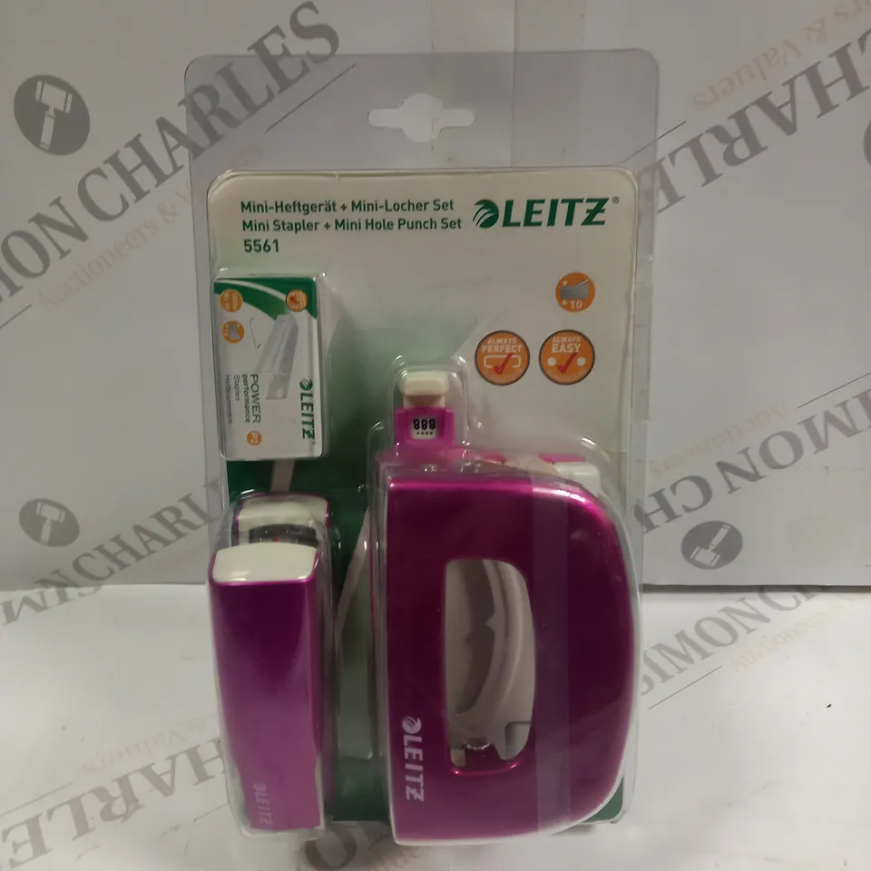 LEITZ MINI STAPLER & HOLE PUNCH SET IN PINK