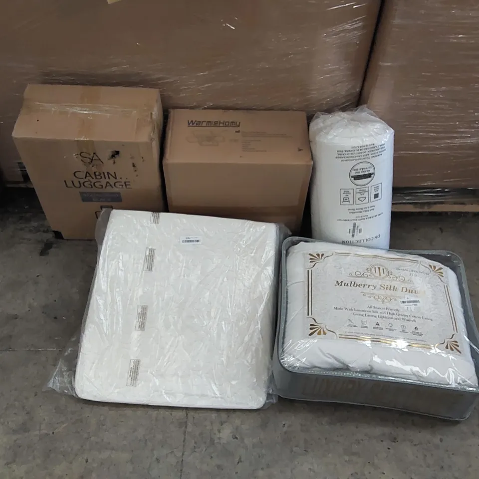 PALLET OF ASSORTED ITEMS INCLUDING: CEILING LIGHT, BEDDING, SUITCASE, LARGE CUSHION 