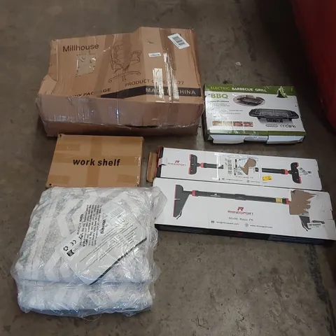 PALLET OF ASSORTED ITEMS INCLUDING: GAMING CHAIR, RUG, ELECTRIC BARBECUE GRILL, WORK SHELF, PULL-UP BARS ECT