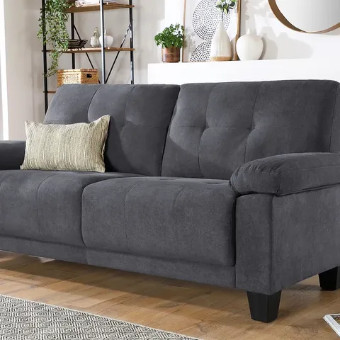 BOXED DESIGNER LINTON SMALL SLATE GREY PLUSH FABRIC THREE SEATER SOFA (1 BOX)