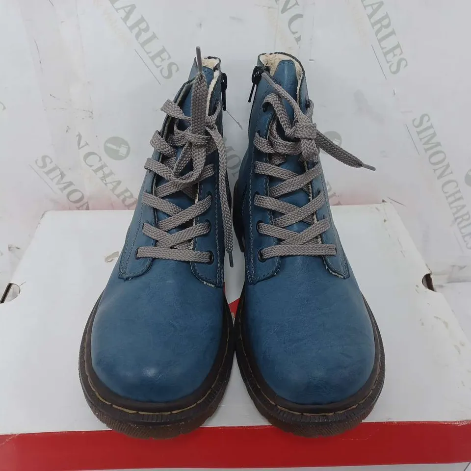 BOXED PAIR OF RIEKER LACE ANKLE BOOTS BLUE - SIZE 40