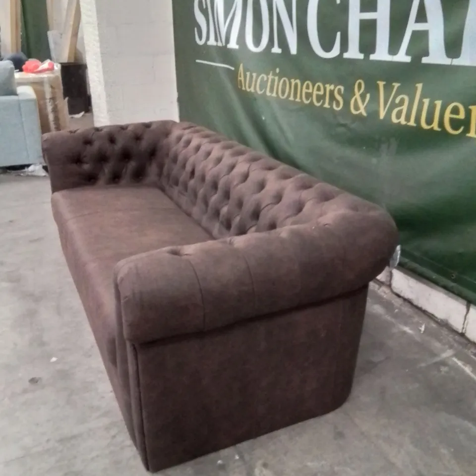 QUALITY DESIGNER CHESTER FABRIC UPHOLSTERED BUTTON BACK CHOCOLATE 3 SEATER SOFA