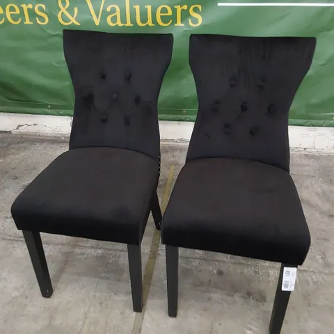PAIR OF UPHOLSTERED BUTTONED RING BACK DINING CHAIRS BLACK PLUSH FABRIC ON DARK WOOD LEGS