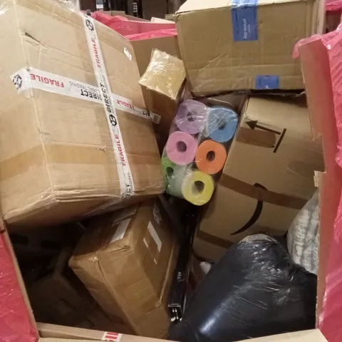 PALLET OF ASSORTED HOUSEHOLD GOODS AND PRODUCTS TO INCLUDE; AIR COOLER, CARPET KICKER TOOL, BOXED FURNITURE ETC 