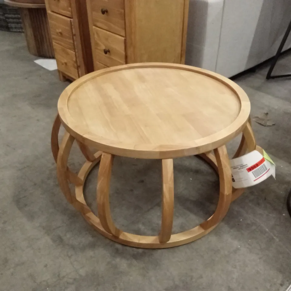 DESIGNER 31.5-INCH SOLID WOOD ROUND COFFEE TABLE, DRUM CENTER TABLE FOR LIVING ROOM