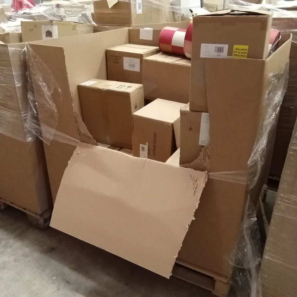 PALLET TO CONTAIN APPROXIMATELY 28 DESIGNER INDOOR LIGHTING PRODUCTS TO INCLUDE; WALL LIGHTS, CEILING LIGHTS, LIGHT SHADES ETC