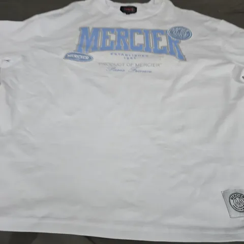 MERCIER LOGO T-SHIRT, WHITE/BLUE - UK SIZE L