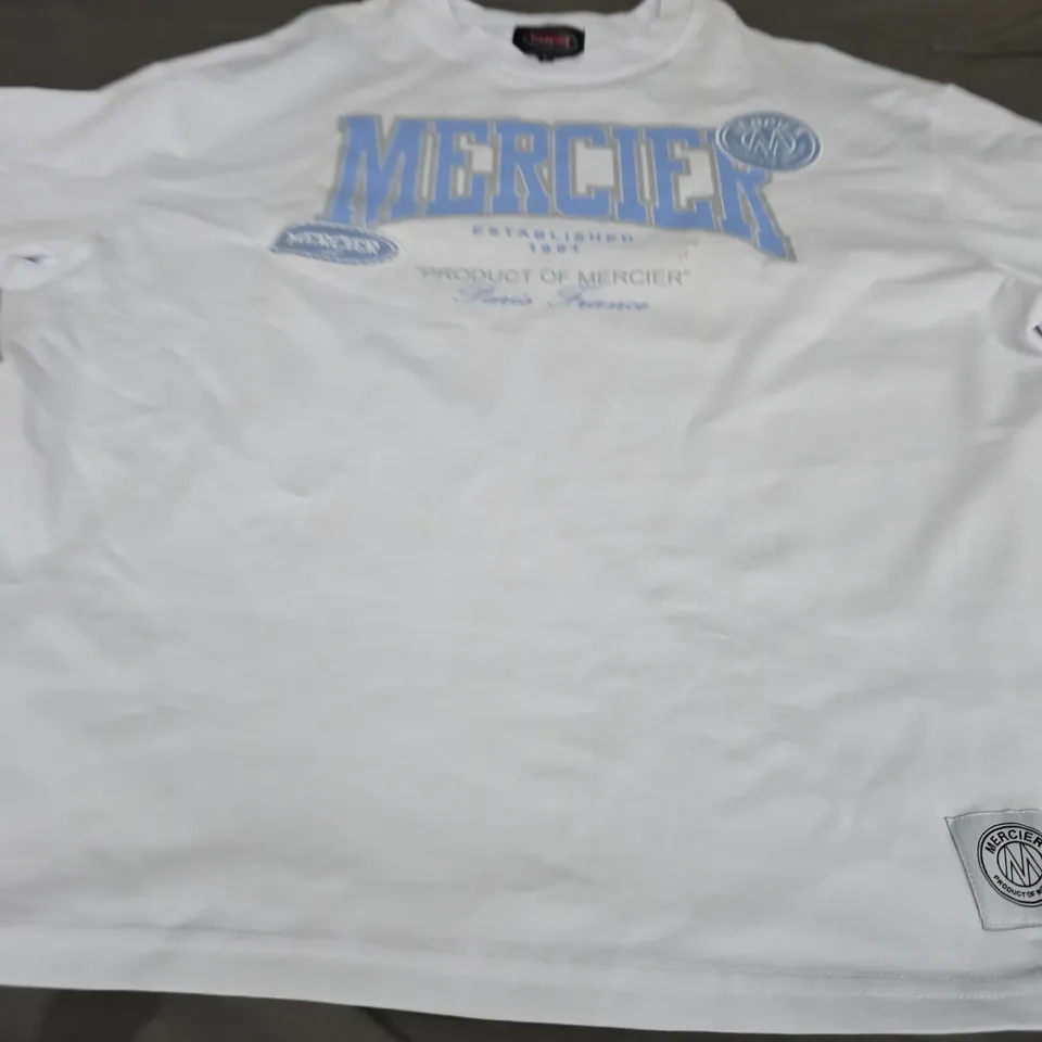 MERCIER LOGO T-SHIRT, WHITE/BLUE - UK SIZE L