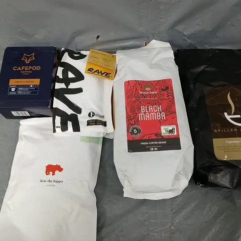 APPROXIMATELY 4 ASSSORTED COFFEE PRODUCTS TO INCLUDE CAFEPOD, BROWNBEAR, AND KISS THE HIPPO COFFEE ETC.
