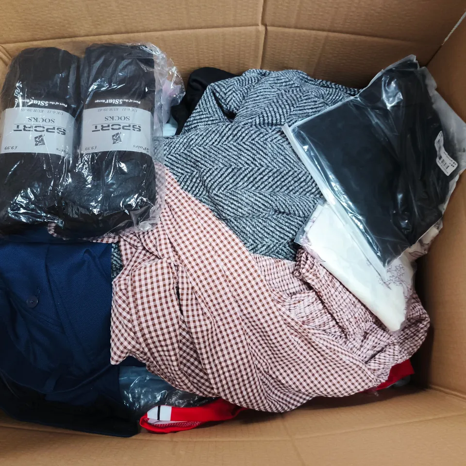 LARGE BOX OF APPROXIMATELY 25 ASSORTED CLOTHING ITEMS IN VARIOUS COLOURS, STYLES AND SIZES - COLLECTION ONLY