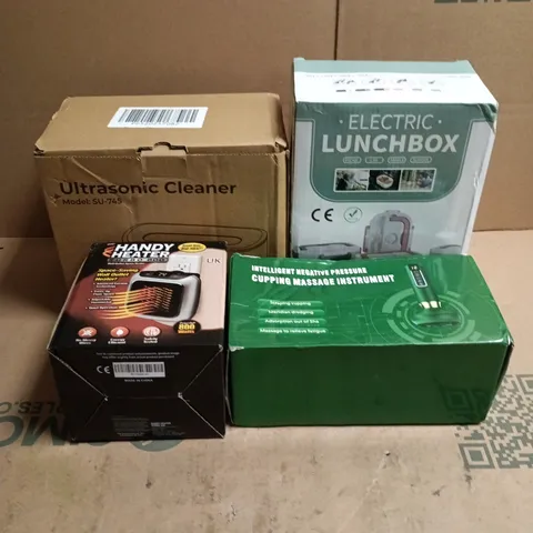BOX OF APPROXIMATELY 15 ASSORTED HOUSEHOLD ITEMS TO INCLUDE CUPPING MASSAGE INSTRUMENT, HANDY HEATER TURBO 800, ULTRASONIC CLEANER, ELECTRIC LUNCHBOX ETC