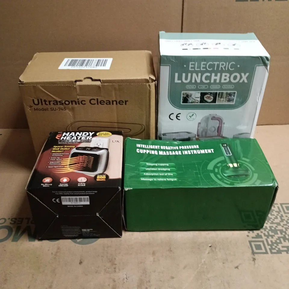 BOX OF APPROXIMATELY 15 ASSORTED HOUSEHOLD ITEMS TO INCLUDE CUPPING MASSAGE INSTRUMENT, HANDY HEATER TURBO 800, ULTRASONIC CLEANER, ELECTRIC LUNCHBOX ETC