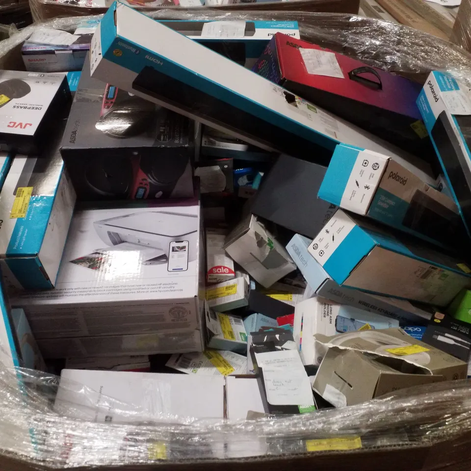 PALLET CONTAINING ASSORTED ELECTRICAL PRODUCTS INCLUDING CANON PIXMA PRINTER, PARTY SPEAKER SYSTEM, CD BOOMBOX, SOUNDBAR & HOME SECURITY WIFI CAMERA 