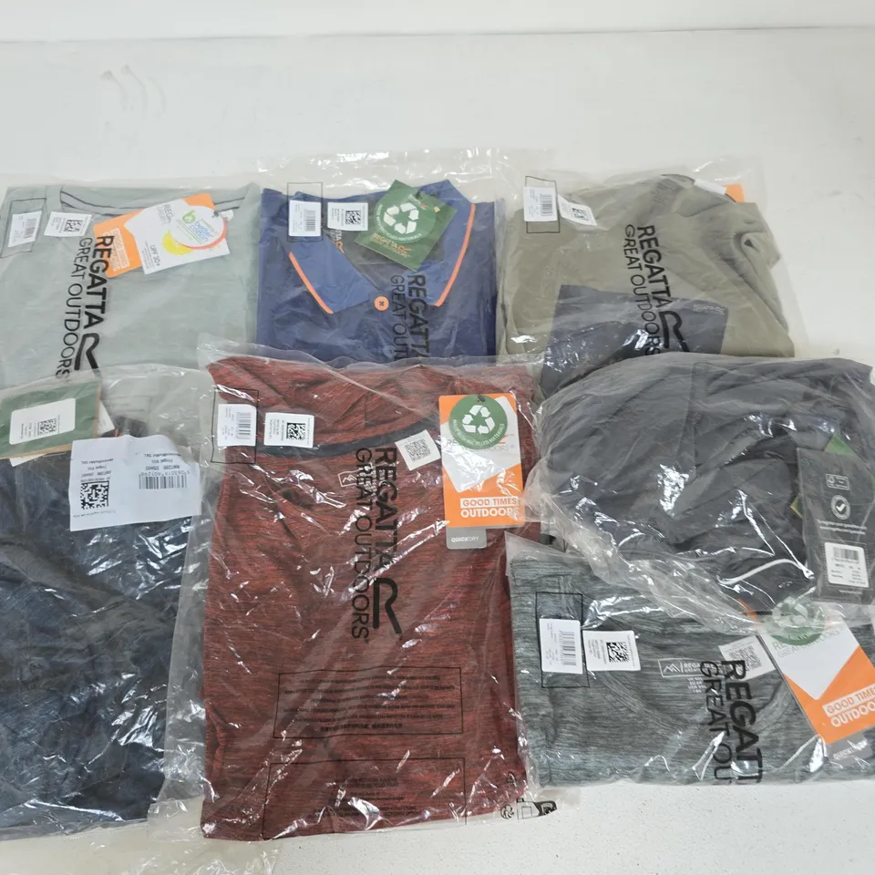 LOT OF 7 ASSORTED BRAND NEW REGATTA T-SHIRTS & POLO'S IN VARIOUS STYLES, COLOURS AND SIZES
